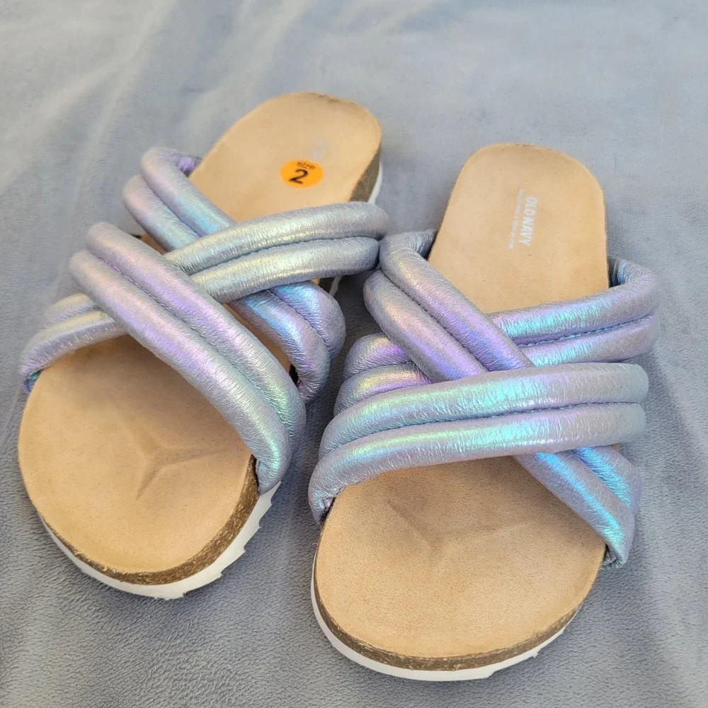 Old Navy Girls Iridescent Puffy Strap Slide Sandals Purple Blue Metallic Size‎ 2